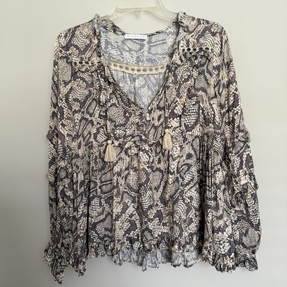 Karlie Python Tassel Babydoll Blouse Sz M Boho Peasant Chic Festival Long Sleeve